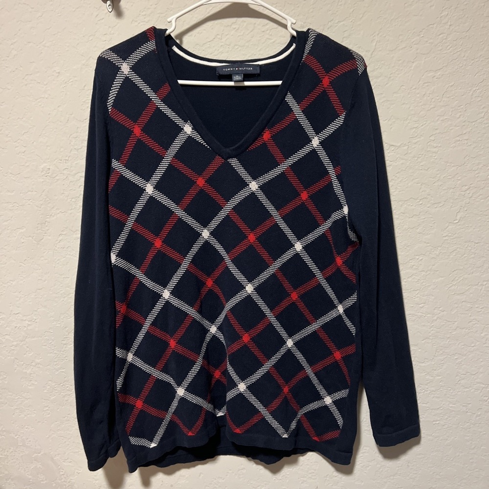 Tommy Hilfiger Women's V Neck Cotton Schoolgirl Preppy Plaid Sweater Size XL EUC